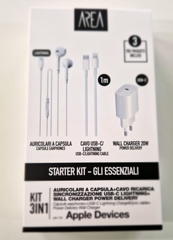 Kit Apple 3in1 Area Starter PD20W+Auricolari +cavo Tipo-C-Lightning Bianco [KIT3IN1LIGHTW]