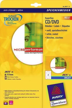 Etichette Avery inkjet bianche opache J8676-25fogli (2 etichette/foglio) Cd/Dvd [J8676-25]