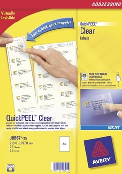 Etichette Avery inkjet trasparenti J8567-25 fogli (1 etichette/foglio 210x297) Quickpeel [J8567-25]